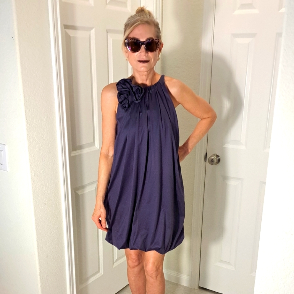 Elijah Dress Blue Bubble Small Hem Cocktail Rosette Lined Sleeveless Pockets